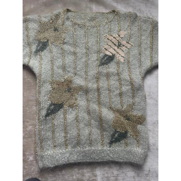 Vintage Mohair Wool Sweater gold metallic striped floral sage Mint green glam - Picture 4 of 16